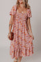 Pink Floral Square Neck Knotted Ruffle Midi Dress